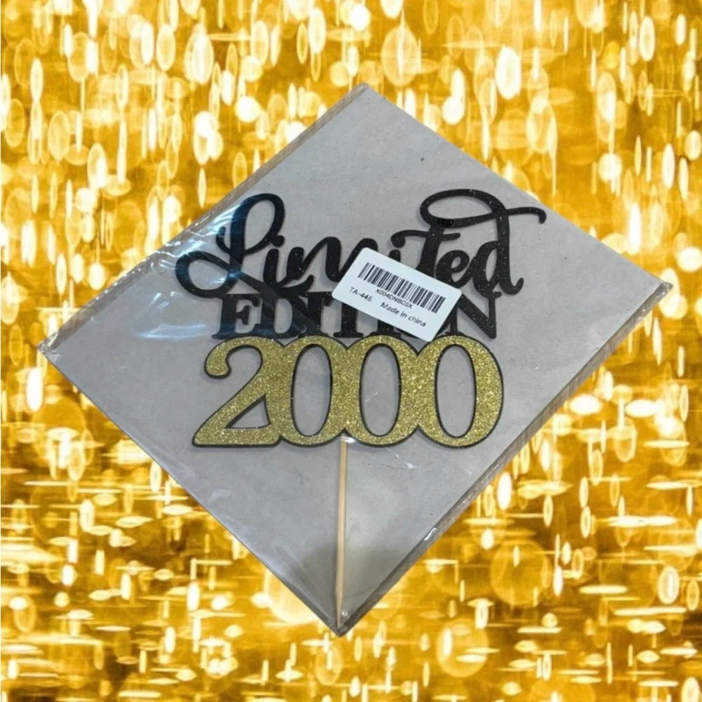 Limited Edition 2000 Cake Topper - Black and Gold Glitter Party Decoration